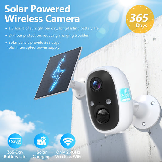 2K Solar Camera Outdoor Wireless, 2.4GWiFi Cameras for Home Security with Solar Panel, 5200mAh Battery, Spotlight Color Night Vision, AI Motion Detection, Siren Alarm, 2-Way Talk, IP66, Cloud/SD Storage EasyInstallation for H