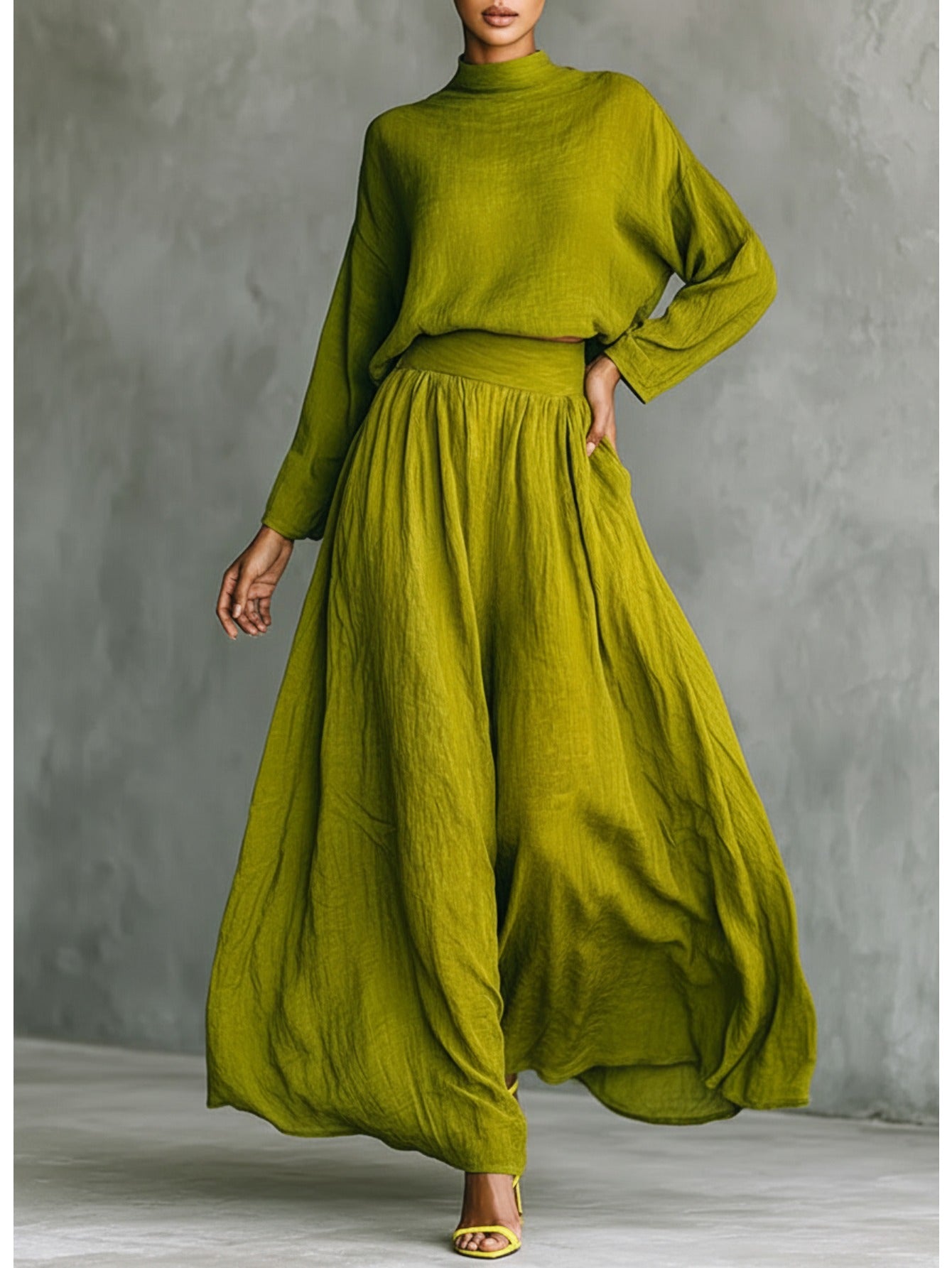 Yellow-Green High-Neck Loose-Fit Long-Sleeve Top + Wide-Hem Flowing Skirt Women's Elegant Set | Soft, Relaxed, and Effortless Vibe Perfect for Casual Outings & Lightly Sophisticated Commuting Looks