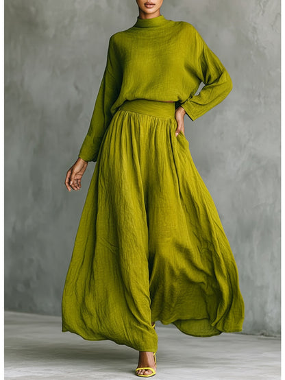 Yellow-Green High-Neck Loose-Fit Long-Sleeve Top + Wide-Hem Flowing Skirt Women's Elegant Set | Soft, Relaxed, and Effortless Vibe Perfect for Casual Outings & Lightly Sophisticated Commuting Looks