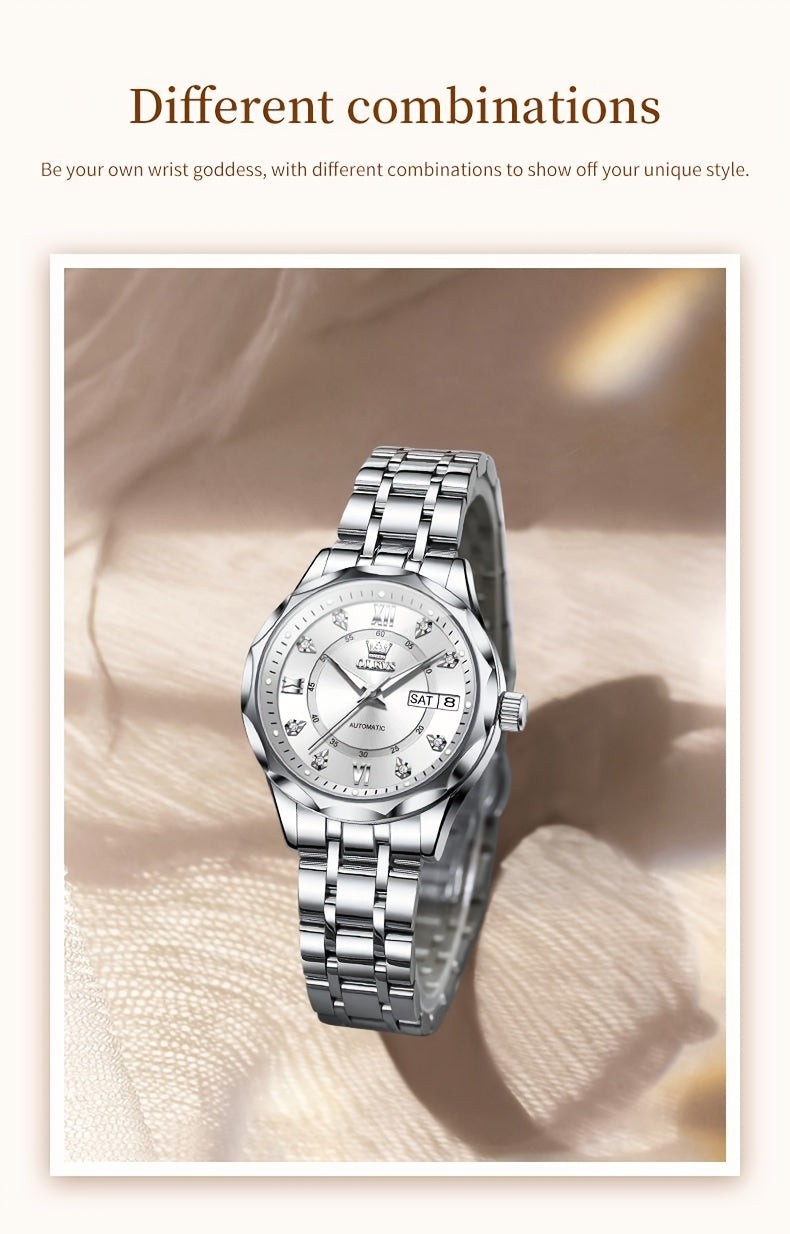 OLEVS Women'S Stainless Steel Automatic Mechanical Watch with Luminous Hands & Chronograph - Golden-Tone Elegant Round Watch, High Quality (Not), Luxury Analog Wristwatch for Women, No Battery/Easy Maintenance, Durable Everyd