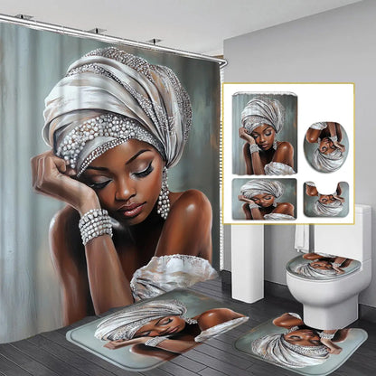 4pcs Sexy Woman Shower Curtain Set with frican Woman Portrait ( & Beaded Headwrap) - Elegant Bathroom Decor, Toilet Mat & 12 Free Hooks Included, Luxury Bath ccessories for Spa-Like Homes, Housewarming Gift for Women, Shower