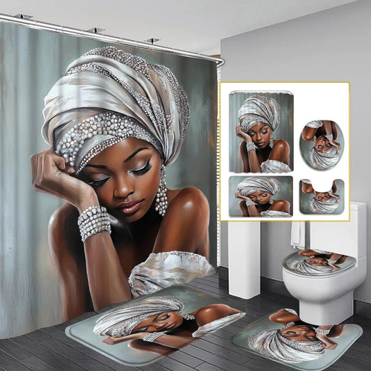 4pcs Sexy Woman Shower Curtain Set with frican Woman Portrait ( & Beaded Headwrap) - Elegant Bathroom Decor, Toilet Mat & 12 Free Hooks Included, Luxury Bath ccessories for Spa-Like Homes, Housewarming Gift for Women, Shower