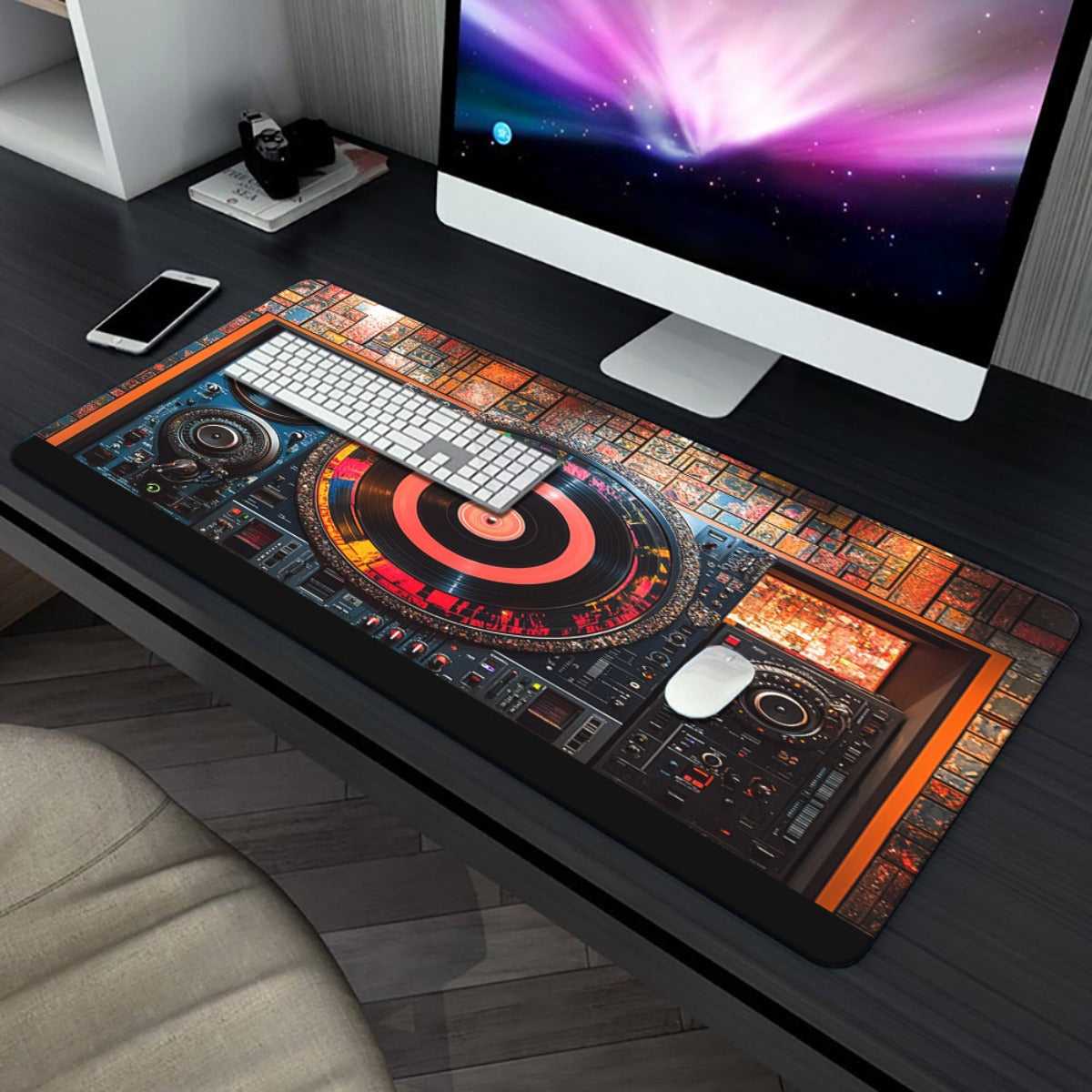 1pc XXL Large DJ Turntable Design Desk Mat - Realistic DJ Equipment Replica with Vinyl Records & DJ Mixer Layout, Non-Slip Gaming/Office Computer Keyboard & Mouse Pad for PC Gamers, Music Producers, DJ Setup Accessories, Comp
