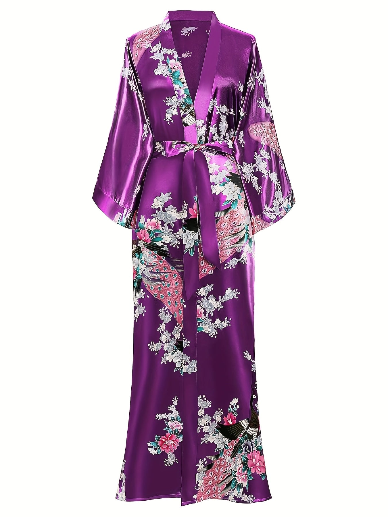 Elegant Floral Kimono Women's Robe - Soft and Light Beige-Friendly V-Neck Geometric Pattern All-Season Comfortable Casual Pajamas Pajamas