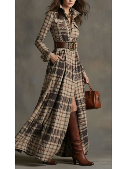 Women's Brown-Toned Plaid Women's Brown-Tan Plaid - Belted Shirt Maxi Dress | Retro Utility Style - Suitable for Daily Outings, Light Retro Looks - aShirt Maxi Dress | Retro Utility Style - Suitable for Daily Outings, Light R