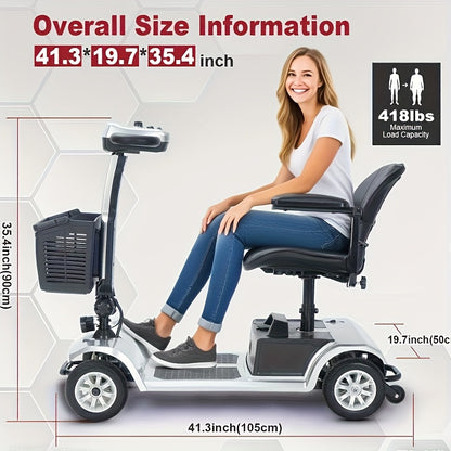 4-wheel Electric Mobility Scooter, Designed for Seniors And Individuals with Disabilities, 250W Motor, 12AH 3.73 Mph Top Speed, 12.4-mile Range, 360° Rotating Seat, LED Headlights, Detachable Battery And Basket, Foldable Des