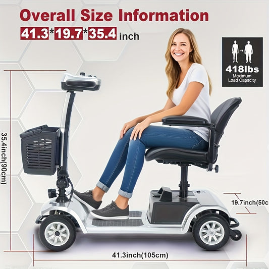 4-wheel Electric Mobility Scooter, Designed for Seniors And Individuals with Disabilities, 250W Motor, 12AH 3.73 Mph Top Speed, 12.4-mile Range, 360° Rotating Seat, LED Headlights, Detachable Battery And Basket, Foldable Des