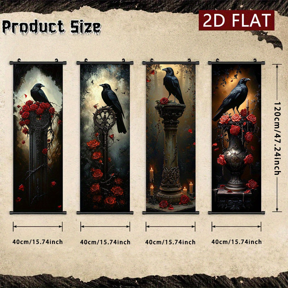 2D Flat, 2D/FLAT 4pcs Dark Gothic Style Hanging Wall Art Set, Raven and Rose Decorative Paintings - Odourless & Fade-Resistant Halloween Décor for Entryway Basement Bedroom Living Room to Add a Mysterious Ambiance, Halloween