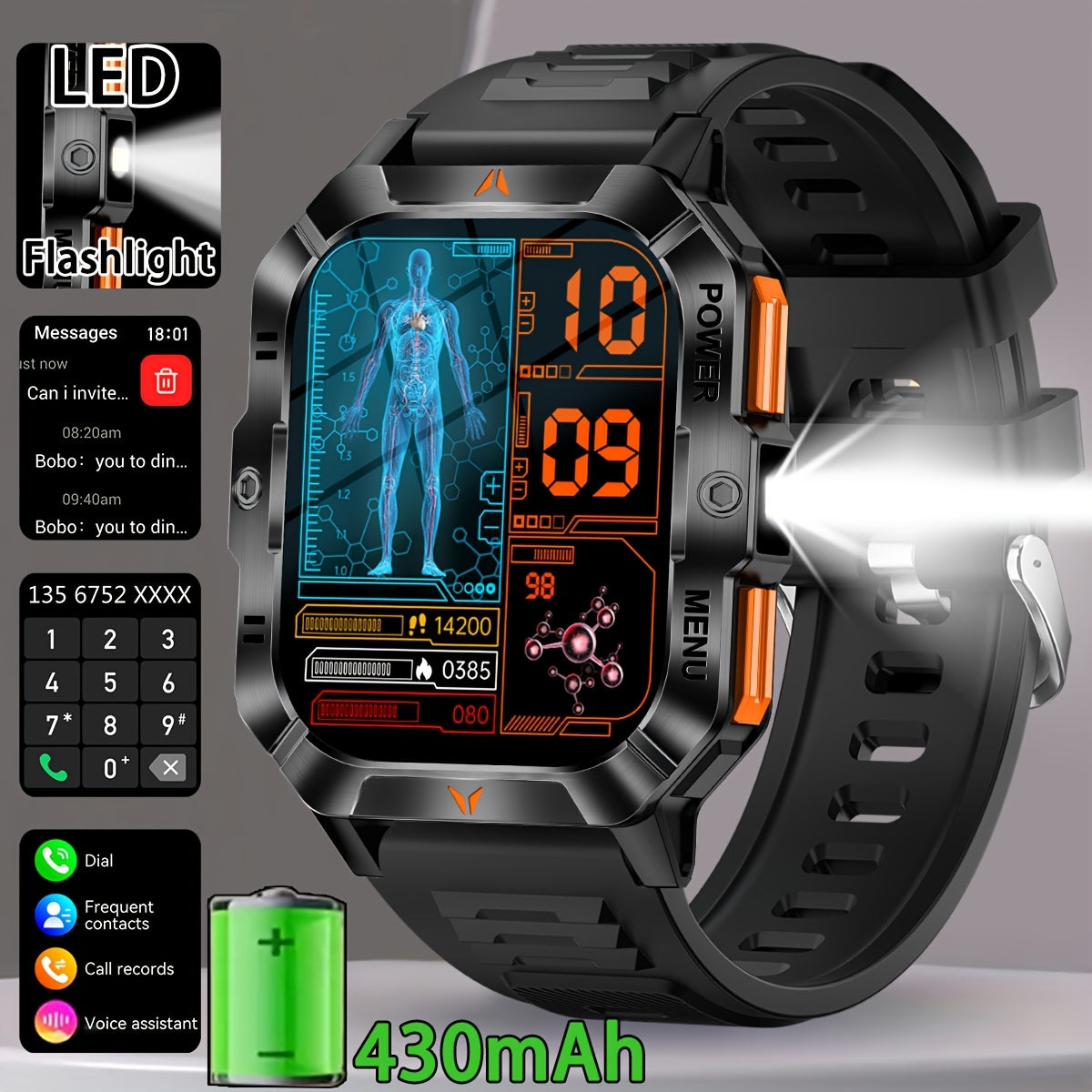 COIUSOR 2.01-inch Smartwatch Built-In LED Flashlight, with Wireless Calling Function, IPS HD Display, 100+ Sports Modes, Outdoor Sports, Fashionable Smartwatch, Wireless Calling/Answering Phone, Message Reminders, Step and Ca
