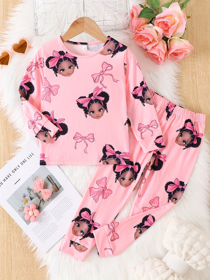 Two Casual, Stylish, And Versatile Round Neck Long-Sleeved Pajamas And Loungewear Sets for Girls, Featuring Random Prints of Girls' Faces, Perfect for Spring And Autumn.