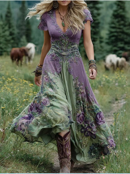 Women's Bohemian A-Line Midi Dress with Pockets - Short Sleeve V-Neck Blue Purple Pink Green Floral print Dress, Lightweight Breathable Fabric Suitable for Spring Summer Fall, Casual to Semi-Formal Occasions