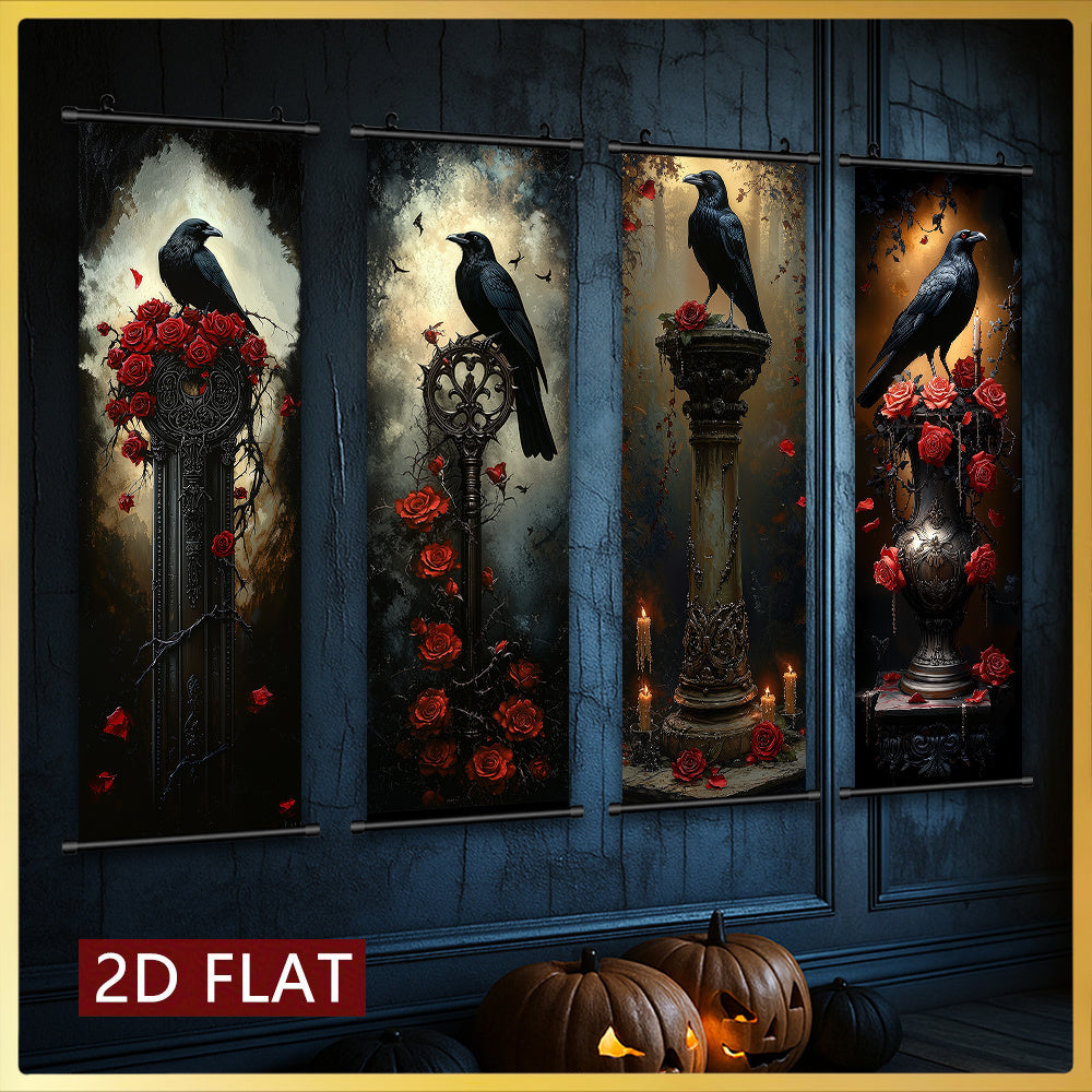 2D Flat, 2D/FLAT 4pcs Dark Gothic Style Hanging Wall Art Set, Raven and Rose Decorative Paintings - Odourless & Fade-Resistant Halloween Décor for Entryway Basement Bedroom Living Room to Add a Mysterious Ambiance, Halloween