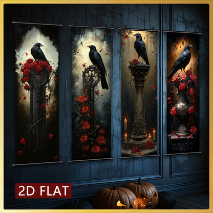 2D Flat, 2D/FLAT 4pcs Dark Gothic Style Hanging Wall Art Set, Raven and Rose Decorative Paintings - Odourless & Fade-Resistant Halloween Décor for Entryway Basement Bedroom Living Room to Add a Mysterious Ambiance, Halloween