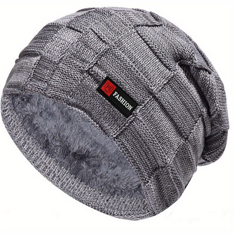 Men's Black Cable-Knit Winter Hat with Ear Flaps & Red Label-Like Patch - Soft Warm Beanie for Cold Weather, Durable Textile Material, Versatile for Sports & Everyday Use - Ideal Gift for Men (Hand Wash/Dry Clean)