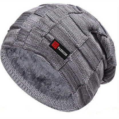 Men's Black Cable-Knit Winter Hat with Ear Flaps & Red Label-Like Patch - Soft Warm Beanie for Cold Weather, Durable Textile Material, Versatile for Sports & Everyday Use - Ideal Gift for Men (Hand Wash/Dry Clean)