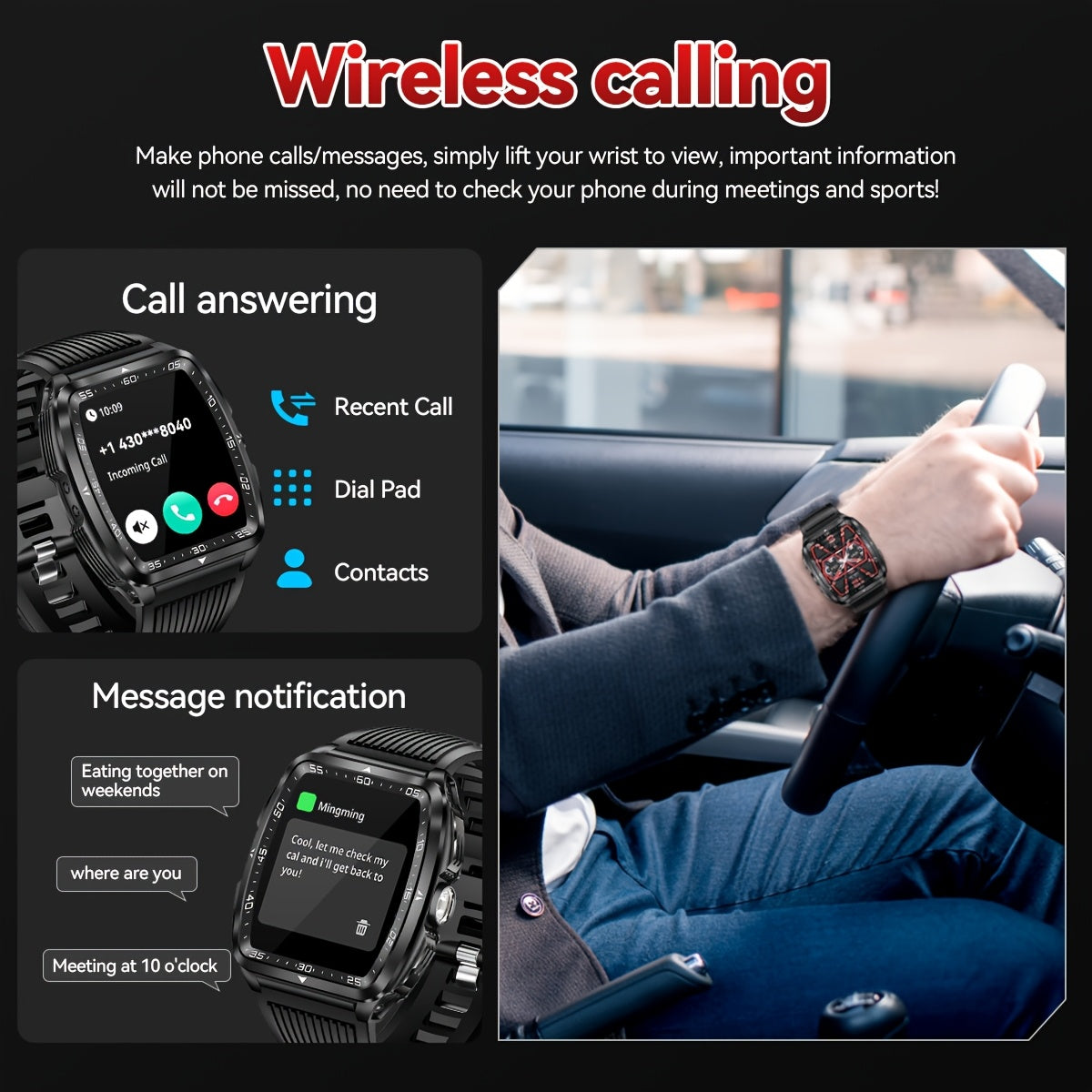 QTLJJBY Outdoor Sports Smart Watch, 1.8 Inch Ultra-Full Touch Display, Wireless Calling, 5ATM High Quality, 400mAh Battery, Push Notification, 100+ Sports Modes (Pedometer, Calories), Weather Forecast, Camera Control, Music M