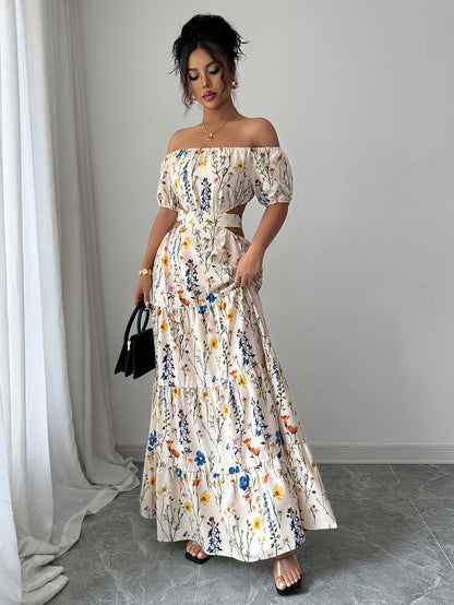 French Romantic Style One-Shoulder Bubble Sleeve Flower Dress Low Back Design Trendy Vacation Maxi Skirt