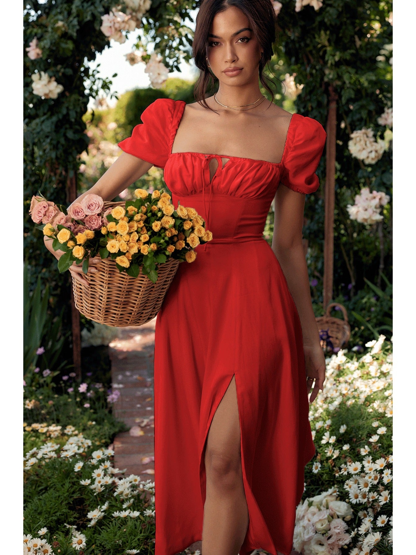 Elegant Puff Sleeve Tie-Waist Dress | High Waist Design, Off the Shoulder, Solid Color, Flared Hem, Midi Length for Spring/Summer Fashion