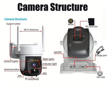 3pcs Solar-Powered Outdoor Security Cameras with AI Motion Detection, 2K HD Surveillance, PTZ (360° Pan-Tilt-Zoom), Color Night Vision, Two-Way Audio, Wireless WiFi, Solar Panel, High Quality, for Home/Business/Outdoor/Drive