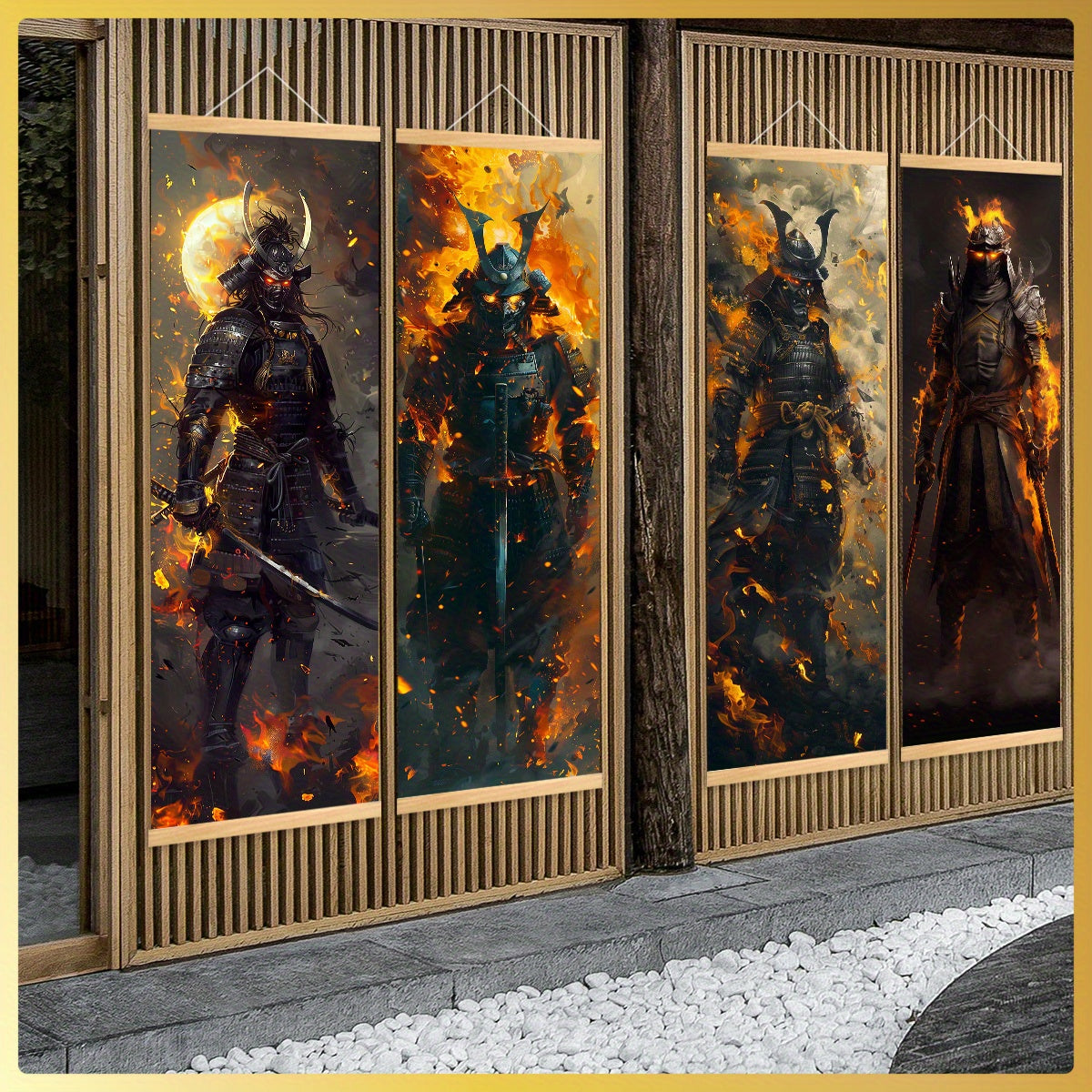4pcs Unframed Dynamic Flaming Samurai Canvas Posters - Japanese Ukiyo-e Art Style, Odorless & HD, Ideal for Gaming Room/Living Room Decor, Perfect Gift for Japanese Culture Enthusiasts, Indoor Wall Art, Living Room Decor | Sa