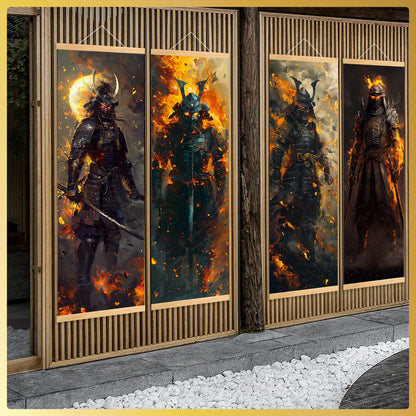 4pcs Unframed Dynamic Flaming Samurai Canvas Posters - Japanese Ukiyo-e Art Style, Odorless & HD, Ideal for Gaming Room/Living Room Decor, Perfect Gift for Japanese Culture Enthusiasts, Indoor Wall Art, Living Room Decor | Sa