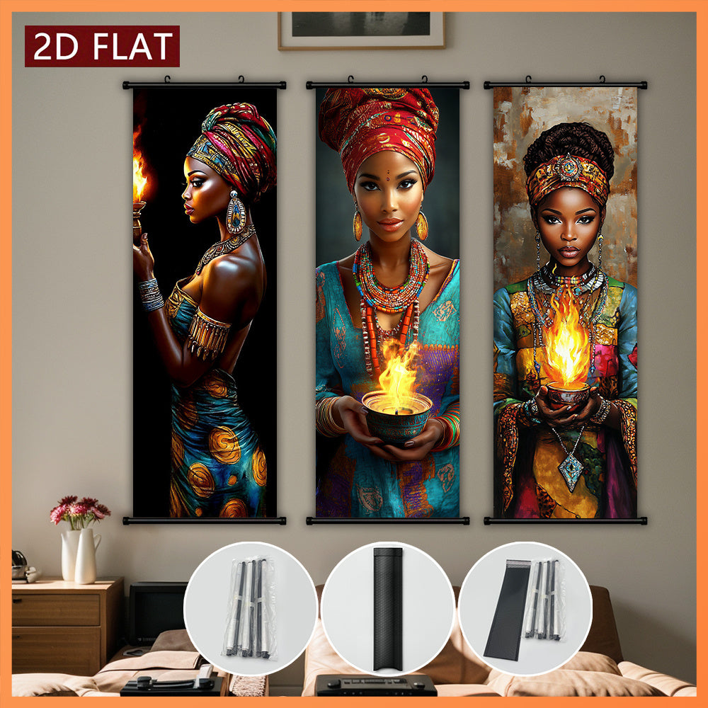 2D/ FLAT-3pcs African flame women wall murals, African women holding flame containers and wearing exquisite jewelry, high-definition high-quality printing, ink artwork poster, suitable for living room, bedroom, office decorat