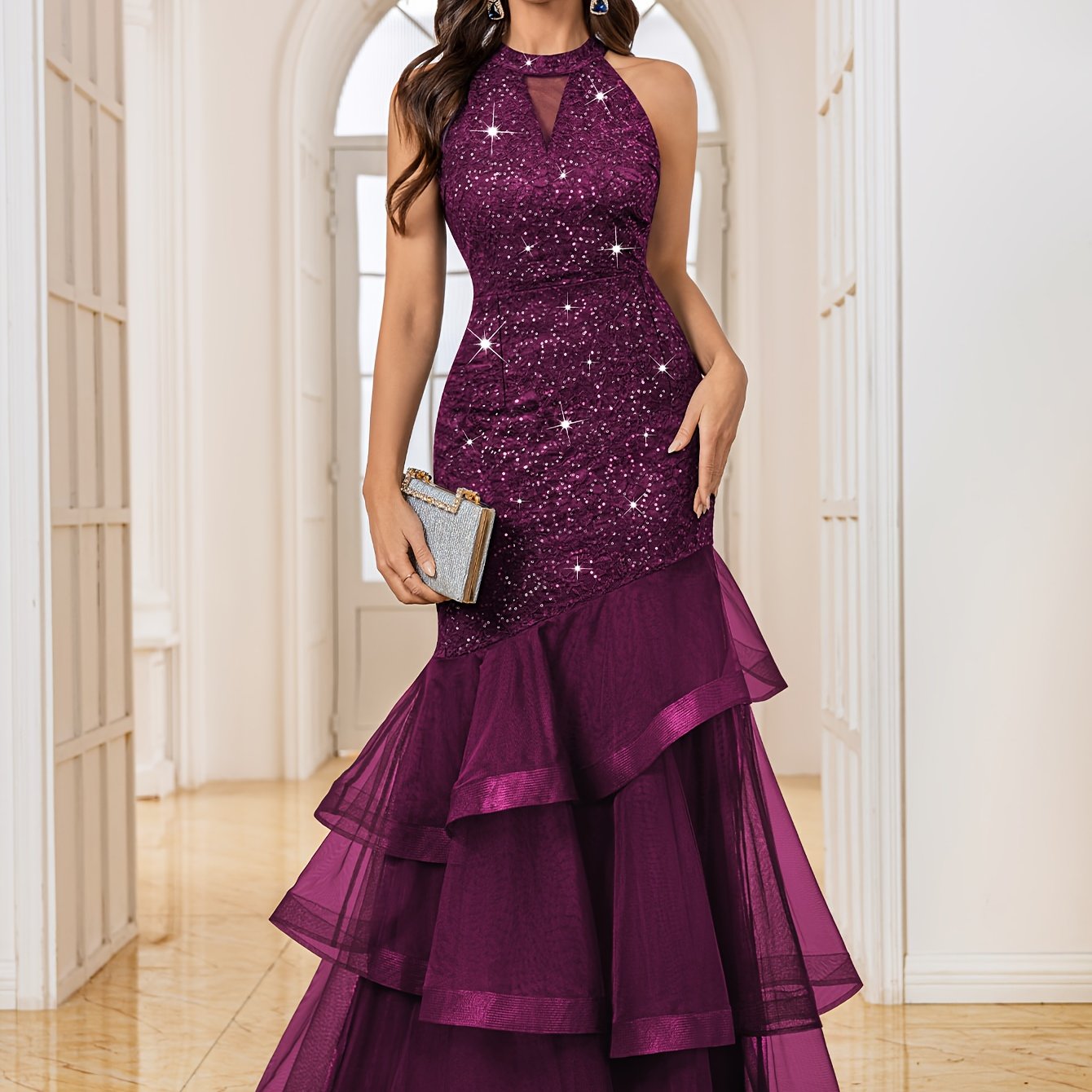 24483A Women's Elegant Halter Neck Sleeveless Sequin Lace Mesh Layered Ruffle Trim A-Line Fitted Wedding Party Bridesmaid Dress Evening Gown Maxi Dress