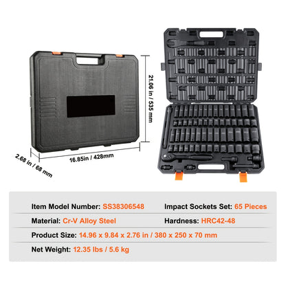 HAPPYBUY 1/2" Drive Impact Socket Set, 65pcs Socket Set SAE 3/8" To 1-1/4" And Metric 10-24mm, 6 Point Cr-V Alloy Steel For Auto Repair, Rugged Construction, Easy-to-Read Size Markings, Storage Case