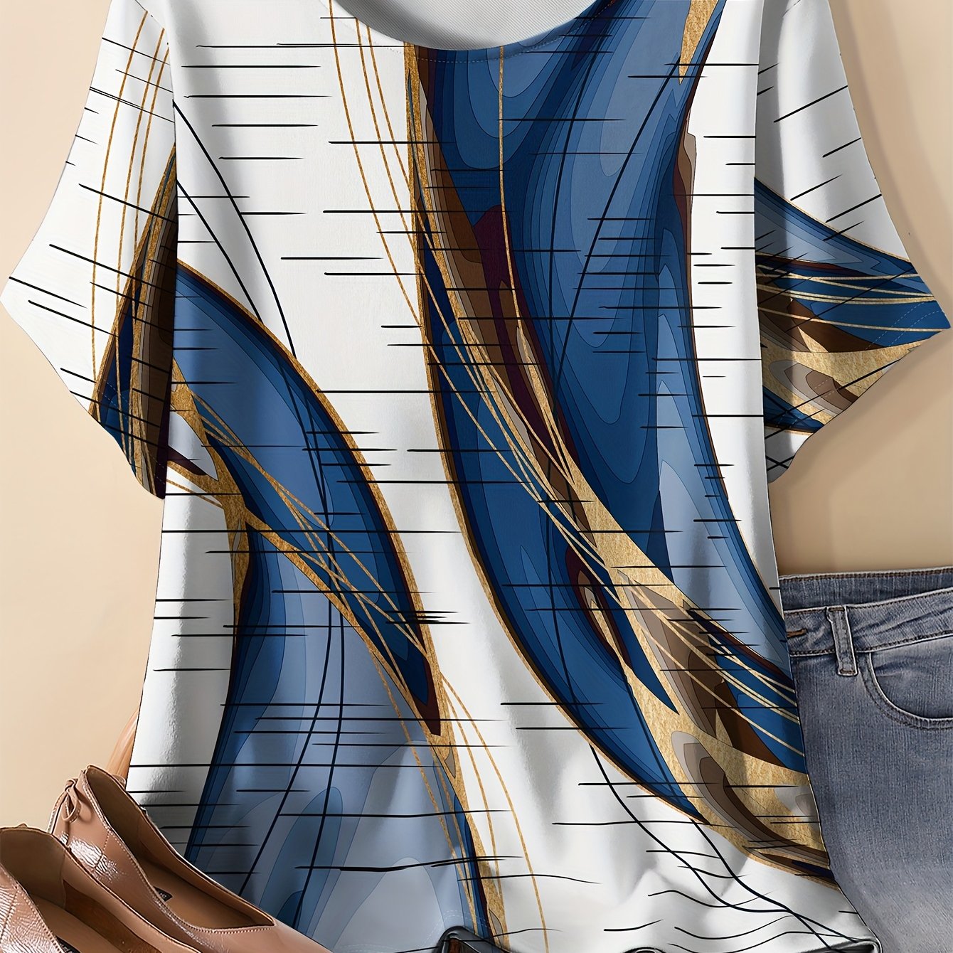 Women'S Casual Vintage-Inspired Geometric & Abstract Print Short Sleeve T-Shirt - Round Neck, Relaxed Fit, All-Season Fashion Top, Everyday Fashion | Trendy Women'S Tee | Comfortable Fit, Ladies T Shirts