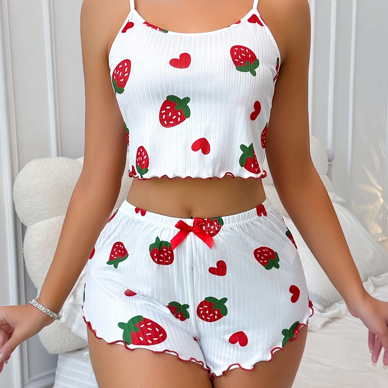 Camisole Romper - Women's Strawberry Love Print - Ruffle Hem with Red Bow