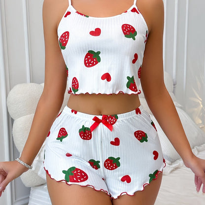 Camisole Romper - Women's Strawberry Love Print - Ruffle Hem with Red Bow