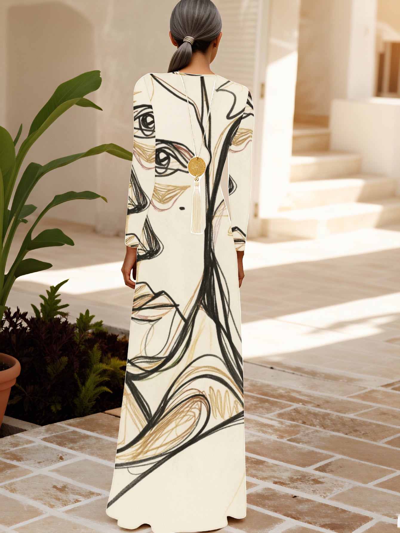 Plus Size, Women's Elegant Cream Maxi Dress Long Sleeve Abstract Line Art Print Evening Gown - Fitted Party Wedding Guest Dress, Machine Washable Year-Round Formal Attire with Round Neckline & Smooth Silhouette