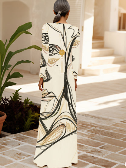 Plus Size, Women's Elegant Cream Maxi Dress Long Sleeve Abstract Line Art Print Evening Gown - Fitted Party Wedding Guest Dress, Machine Washable Year-Round Formal Attire with Round Neckline & Smooth Silhouette