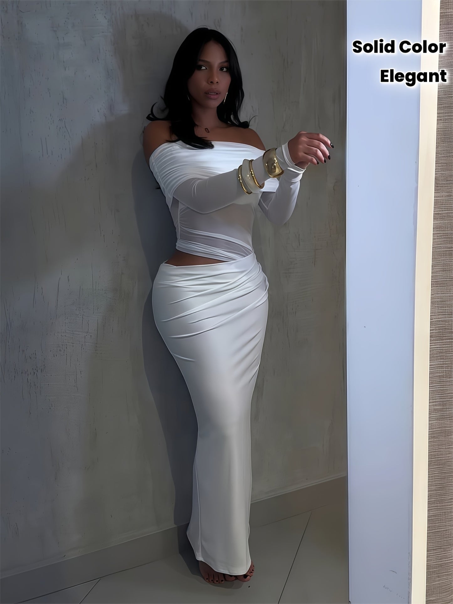 Women'S Elegant White Off-Shoulder - Mesh Long-Sleeve Mermaid/Trumpet Mermaid Maxi Dress - Sexy Sheer Formal Evening Gown with Waist-Cut Silhouette, Solid Color Party Wedding Gala Evening Dress for Women - Structured Fit & Fl