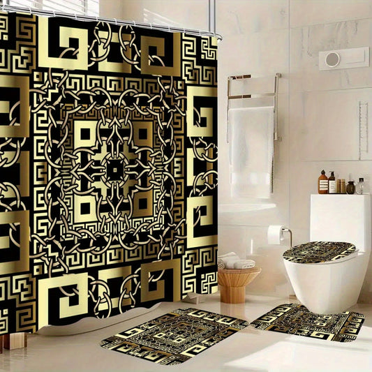 4pcs Set Black Golden Square Chain Pattern Shower Curtain, High Quality with 12 Plastic Hooks, Bathroom Non-slip Mat, Toilet U-shaped Mat, Modern Home Decor Bathroom Accessories