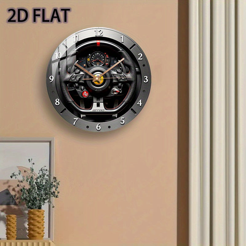 12-inch Modern Racing-Themed Steering Wheel Wall Clock - Silent Quartz Movement, Black & Red Accent Glass Face with White Hands, Battery-Powered (AA Not Included) - Unique Home Decor for Bedroom, Living Room, Garage, for Man