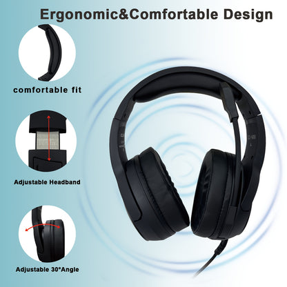 COLUSI C600 Wired Gaming Headset with Hidden-Type Microphone, One Key Mute Over Ear Headphones with 3.5mm Audio Jack RGB Light, Noise Cancelling, Volume Control, Closed-back Design, Compatible With Laptop, Gaming Headset, Lap