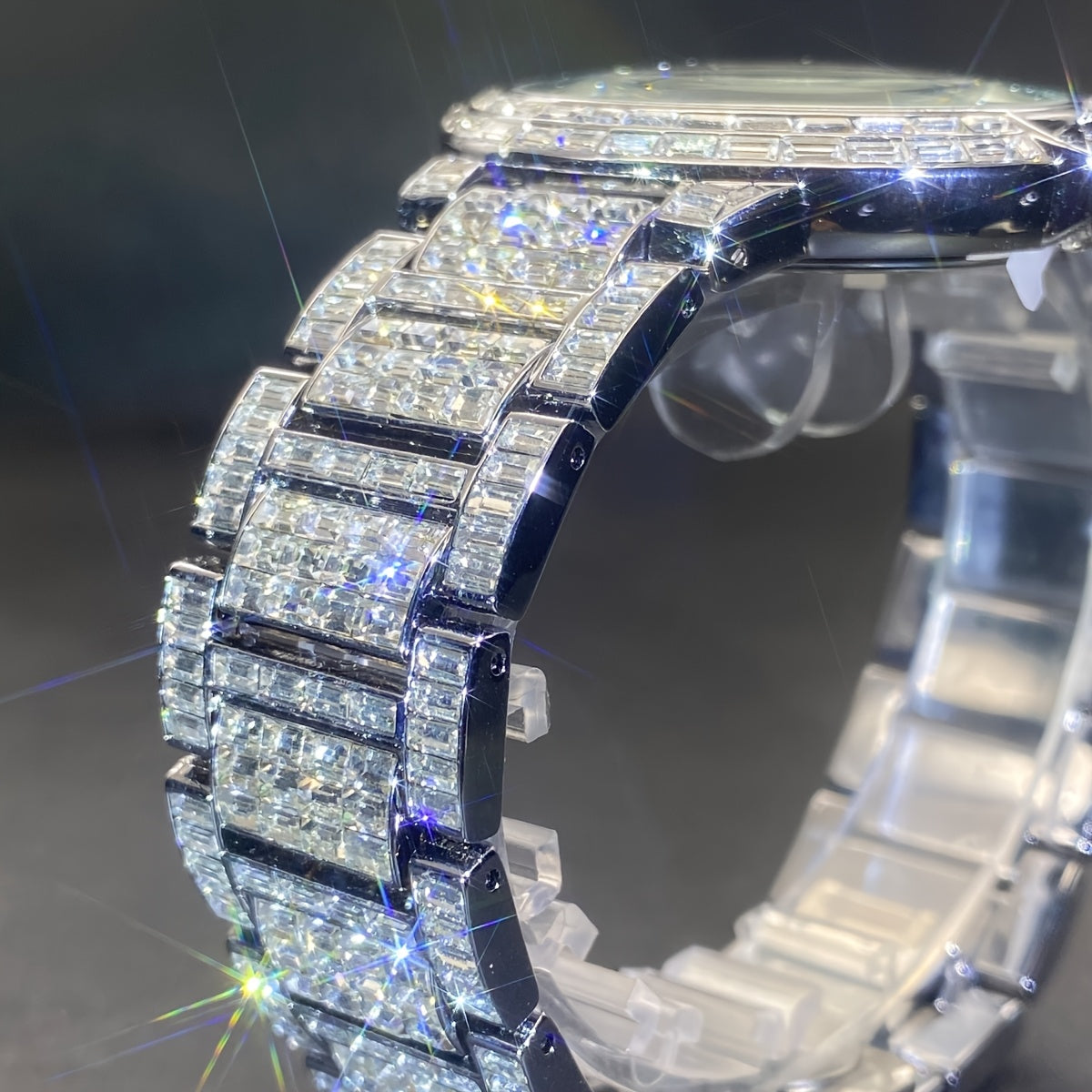 1pc PLADEN Luxury Men'S Square Ice Watch with Rhinestones, Fashion Hip-Hop Faux Faux Faux Gemstone, Round Dial, Alloy Band, Quartz Movement, Battery Operated, Water Resistant, for Party, New Year, Independence Day, Ramadan