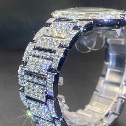 1pc PLADEN Luxury Men'S Square Ice Watch with Rhinestones, Fashion Hip-Hop Faux Faux Faux Gemstone, Round Dial, Alloy Band, Quartz Movement, Battery Operated, Water Resistant, for Party, New Year, Independence Day, Ramadan