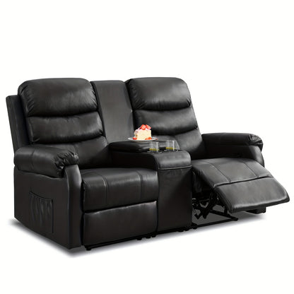 Office Reclining Loveseat, Manual RV Recliner Sofa With Console & Cup Holders & Pockets, Faux Leather Upholstered