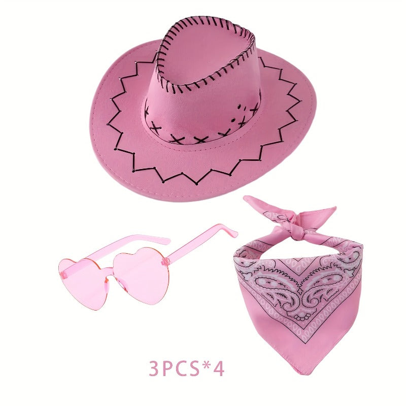 12pcs Western Cowboy Hat Set with Bandanas & Glasses - Adjustable Felt Hats for & s, Unisex Brown/Black Wide-Brimmed Hats with White Paisley-like Patterns, Dress-Up Party Supplies for Halloween, Christmas, Wild West Role Play