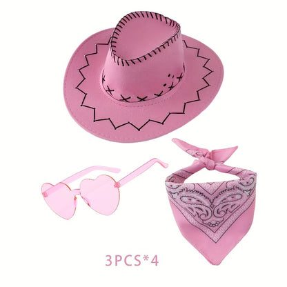 12pcs Western Cowboy Hat Set with Bandanas & Glasses - Adjustable Felt Hats for & s, Unisex Brown/Black Wide-Brimmed Hats with White Paisley-like Patterns, Dress-Up Party Supplies for Halloween, Christmas, Wild West Role Play