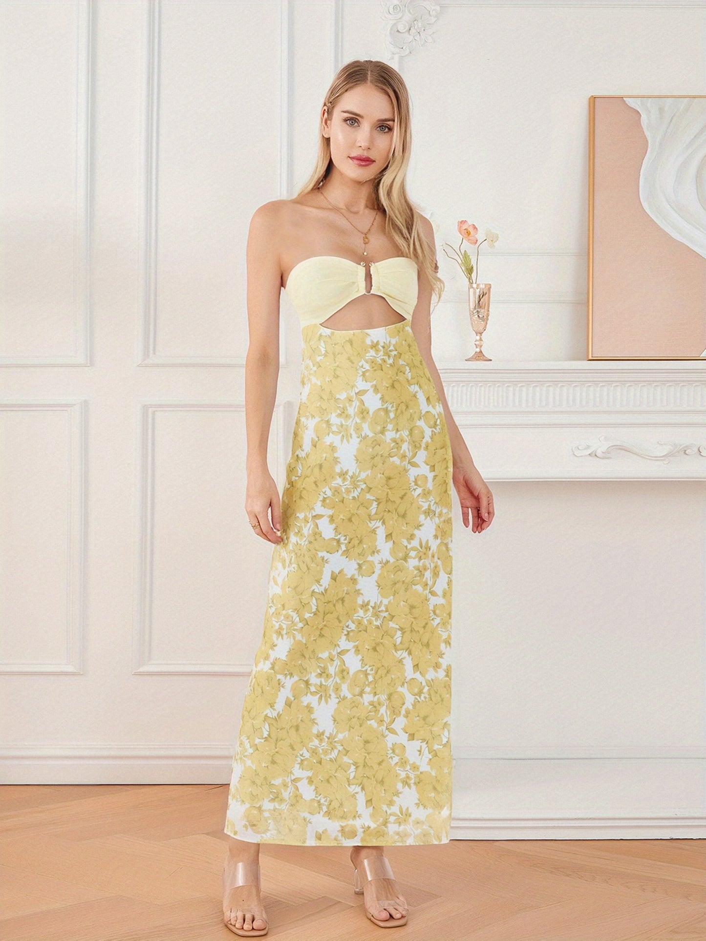Women's Elegant Strapless/One-Shoulder Hollow Out Floral Print or Solid Pink Tube Bodycon Maxi Dress with Bow Tie Back - Mermaid Silhouette Long Formal Evening Party Wedding Dress, Hand Washable Summer Dress for Women, Stylis
