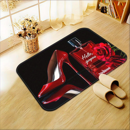 1pc Fashion-Themed High-Heel Shoe & Perfume Bottle Design Door Mat - Absorbent Microfiber, Machine Washable Polyester Rug for Bathroom, Bedroom, Living Room Entrance, Shoe