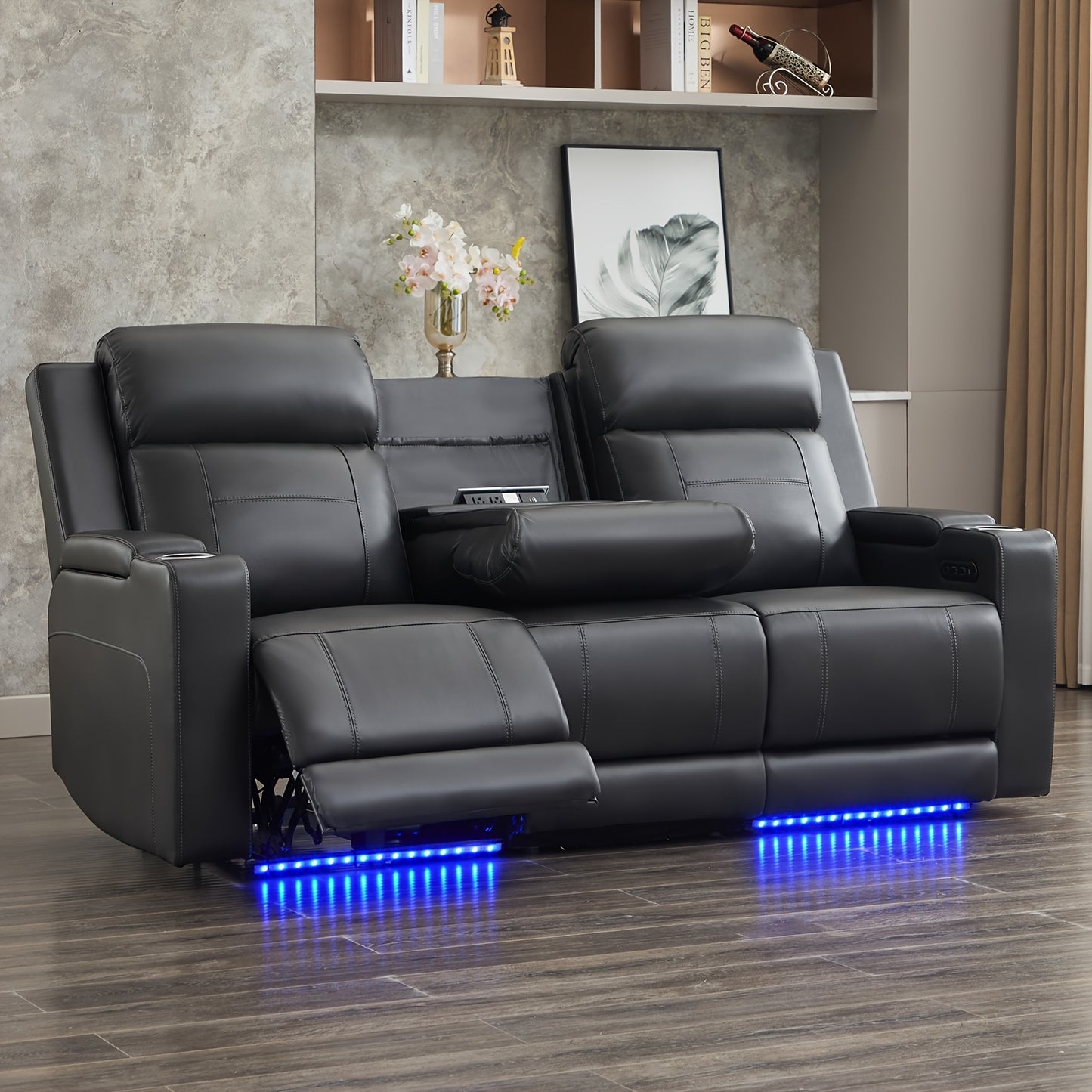 Consofa Leather Reclining Couch, Dual Motor Power Reclining Sofawith Power Headrest/LED Light/Armrest Storage, Recliner Sofa 3 Seater for Living Room/Apartment/Bedroom, Living Room Seating, Apartment Furniture, Stylish Reclin