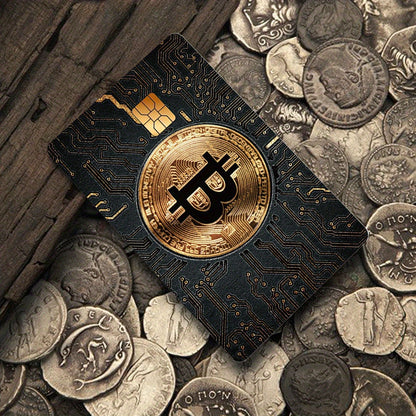 Bitcoin Pattern Sticker, Black Golden Color, Technology Circuit Board, Durable Privacy Sticker, Made of PVC Material, Suitable for Credit Cards, Transportation Cards, Debit Cards, Keys, and More, Protects Bank Cards, Perfect