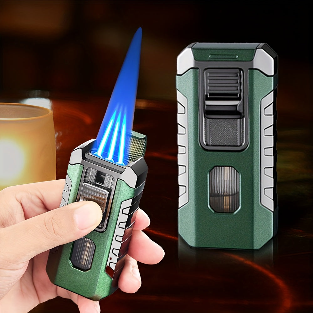 A Lighter That Resists Wind, Featuring a Triple Flame with Direct Injection, Made of Metal And Equipped with a Viewing Window. It'S a Refillable, Portable Lighter with an Adjustable Flame