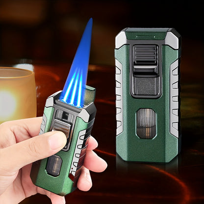 A Lighter That Resists Wind, Featuring a Triple Flame with Direct Injection, Made of Metal And Equipped with a Viewing Window. It'S a Refillable, Portable Lighter with an Adjustable Flame