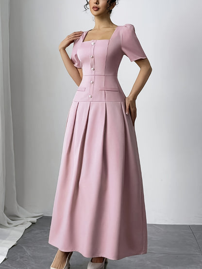 Women's 2026 Summer Elegant Minimalist Square Neck Puff Sleeve Waist Cinched Slim Fit Maxi Dress