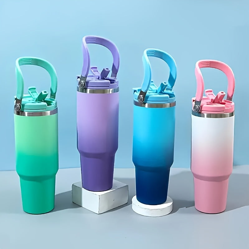1pc 30oz Stainless Vacuum Thermos Water Bottle with Double Straws & Carry Handle - Gradient Color (Turquoise/Mint/Pastel Pink/Purple/Navy) Leakproof Large Capacity Thermos Flask for Travel, Gym,,, -, Tumbler Water Bottle, Tum